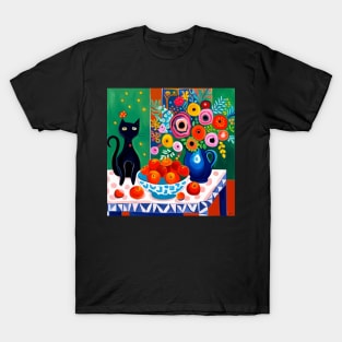 Black Cat with Gift of Fruit and Flowers Still Life Painting T-Shirt